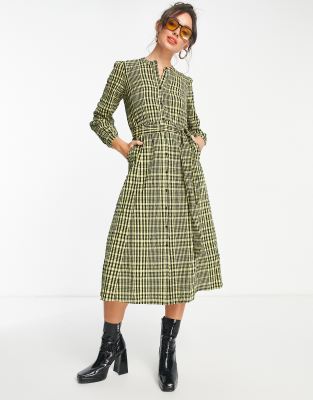 WHISTLES NORA GINGHAM PLAID MIDI DRESS IN YELLOW 