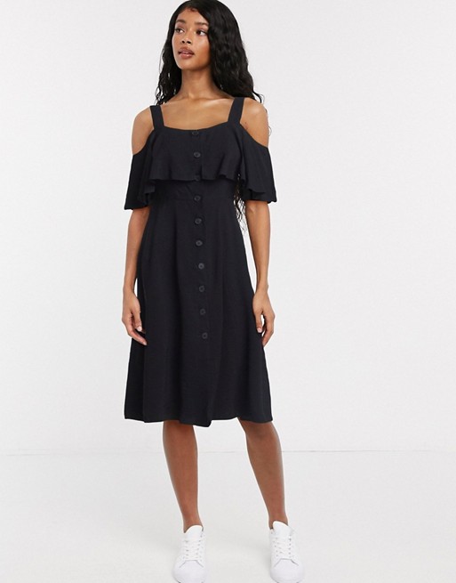 Whistles off shoulder button though midi dress in black