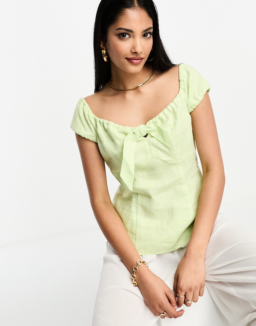 Whistles off shoulder tie front top in lime green