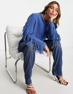 Whistles oversized cable knit jumper with fringe sleeves in bold blue