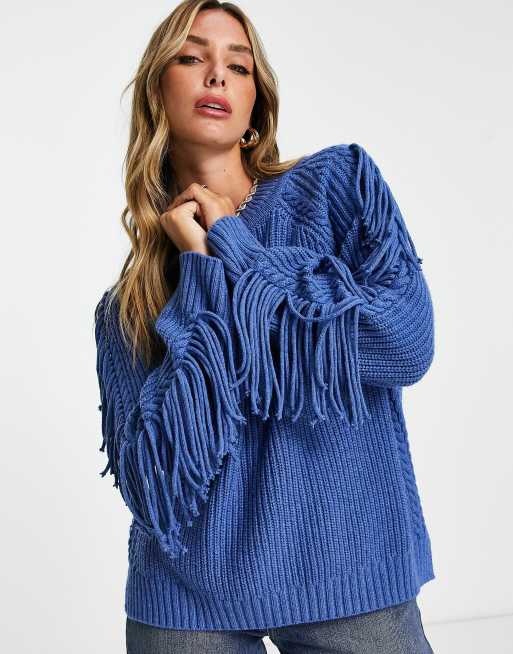 Whistles oversized cable knit sweater with fringe sleeves in bold