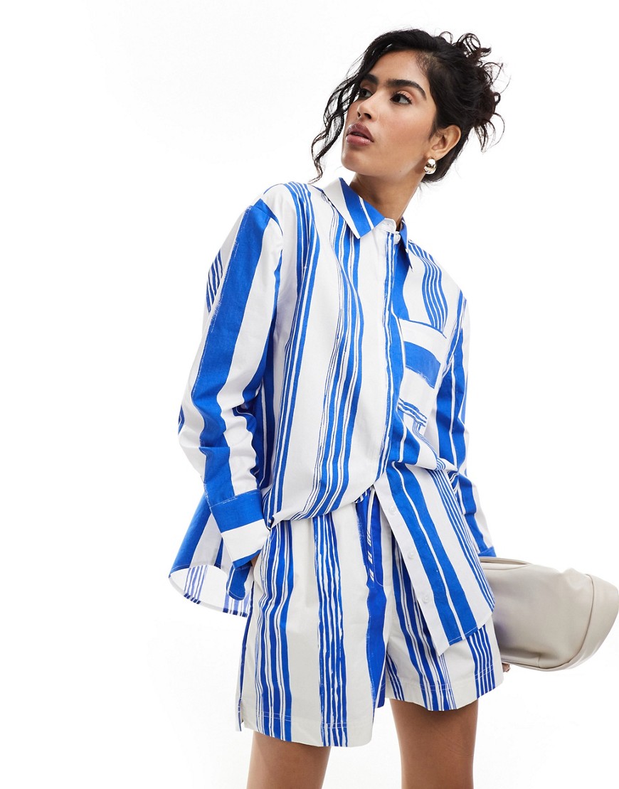 Whistles painted stripe oversized shirt in blue and white co-ord
