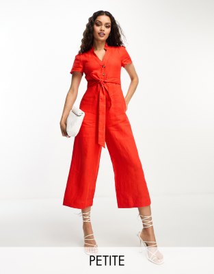 Whistles Petite - Kurzärmliger Leinen-Jumpsuit in Rot mit Bindegürtel