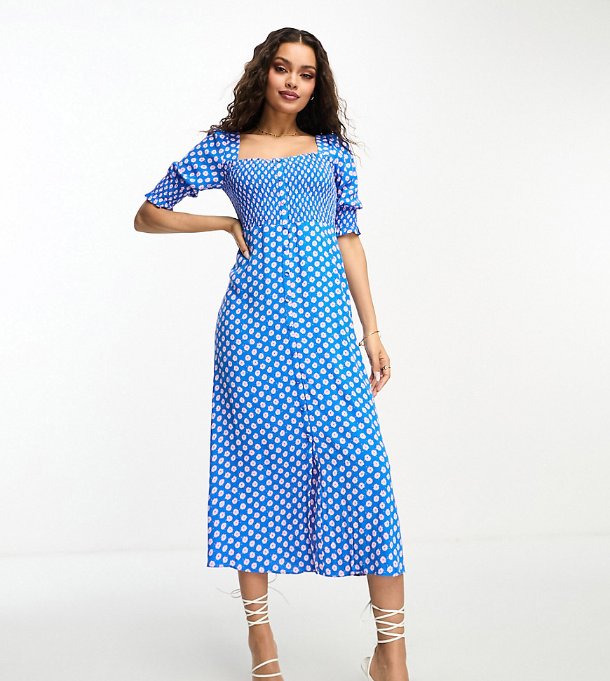 Whistles Petite milkmaid midi dress in blue and pink floral