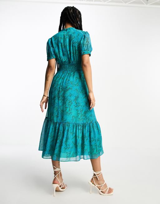 Whistles Petite shirred midi dress in blue snake print