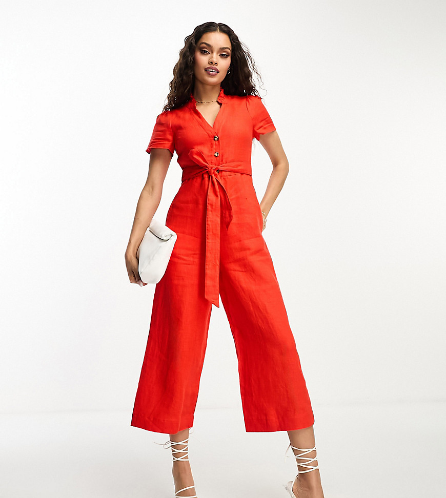 Whistles Petite short sleeve jumpsuit with tie waist in red linen