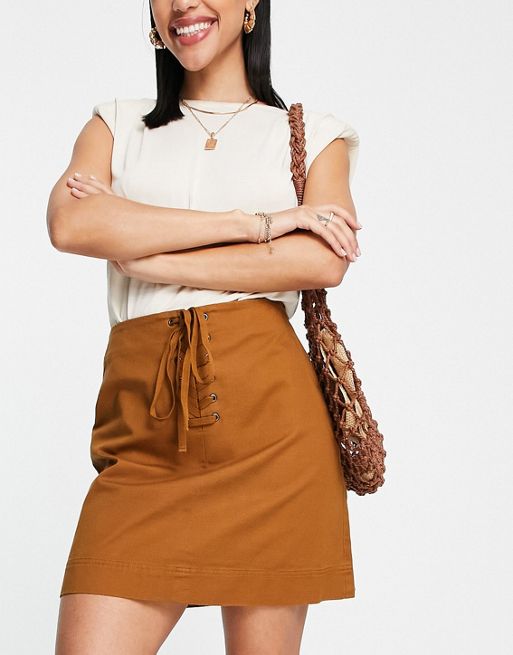Whistles Piper lace front mini skirt in rust | ASOS