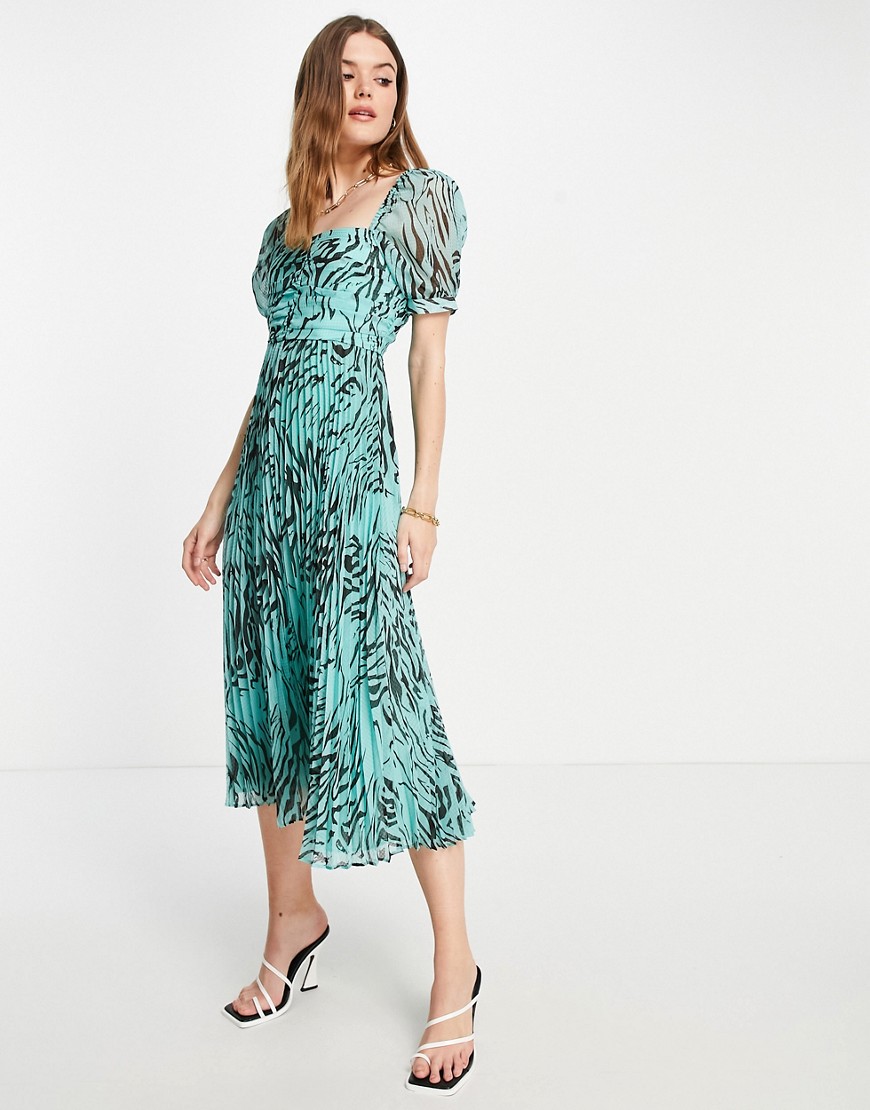 Whistles pleated midi dress in contrasting animal print-Blue