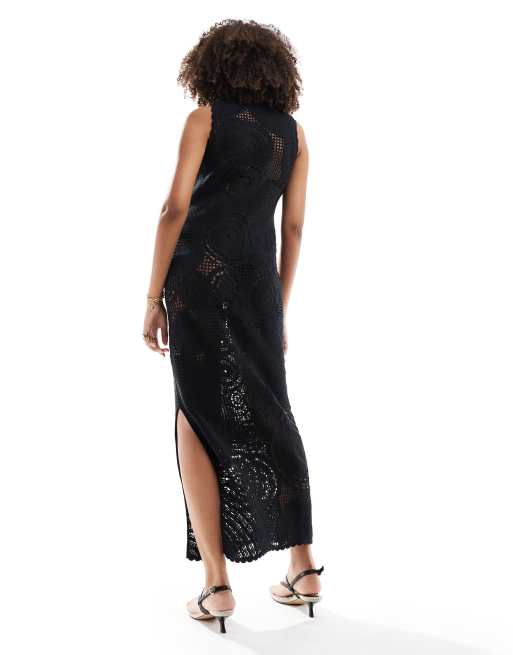 Whistles premium cotton crochet circle midaxi dress in black , 2 of 4