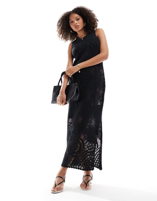 Whistles premium cotton crochet circle midaxi dress in black , 4 of 4