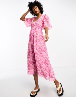 Whistles printed midi smock dress in pink