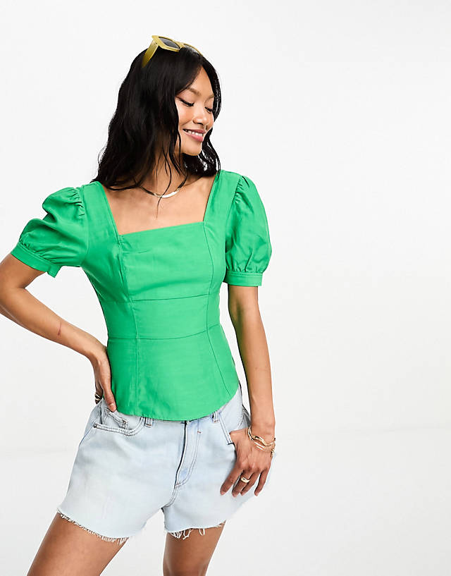 Whistles - puff sleeve fitted bodice top in green