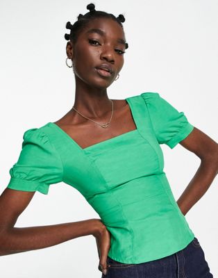 Whistles puff sleeve structured top in green - ASOS Price Checker