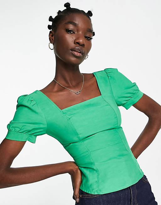 Whistles puff sleeve structured top in green
