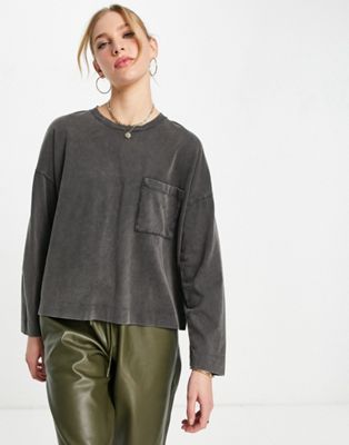 Whistles relaxed washed pocket detail jersey top in grey
