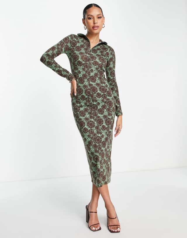 Whistles ribbed midi polo dress in khaki floral