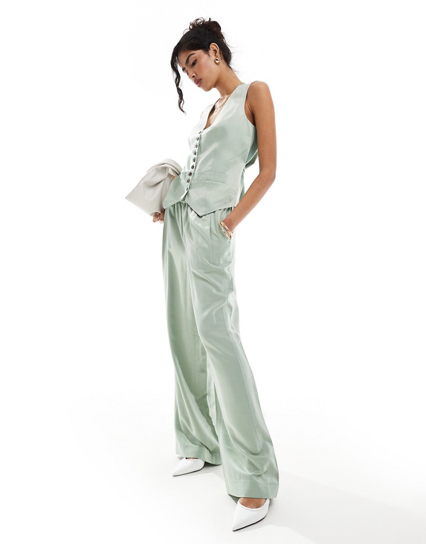 Whistles Rita luxe elasticated waist trouser in sage green co-ord