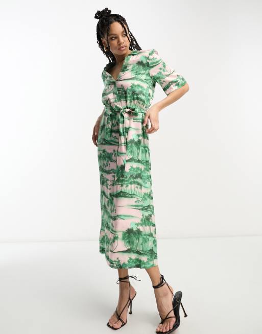 Whistles - Robe chemise mi-longue à ceinture et imprimé paysage - Rose