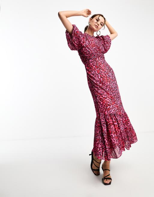 Whistles - Robe mi-longue à motif léopard avec manches bouffantes - Rose