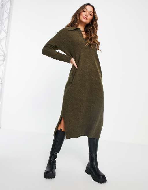 Whistles - Robe mi-longue en maille avec col - Kaki