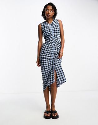 Whistles ruched gingham midi dress in blue