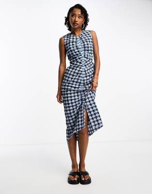 Whistles Whistles ruched gingham midi dress in blue