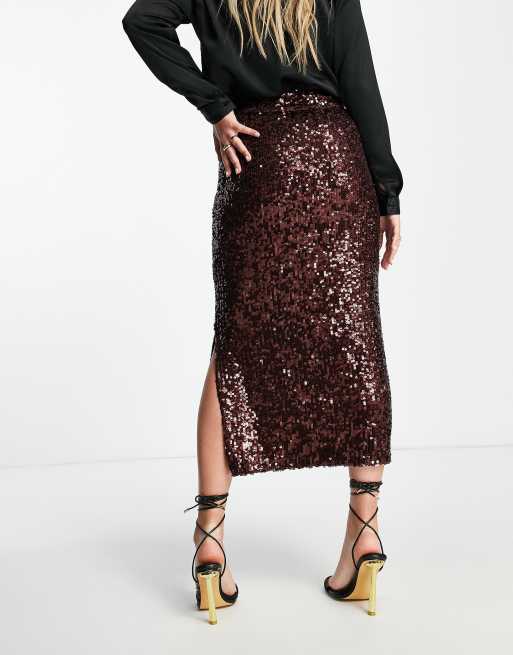 Whistles sequin column skirt in brown