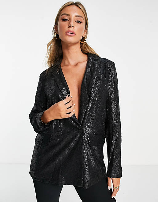 Whistles sequin double breasted blazer in black