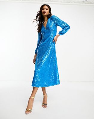 Whistles sequin keyhole midi dress in blue