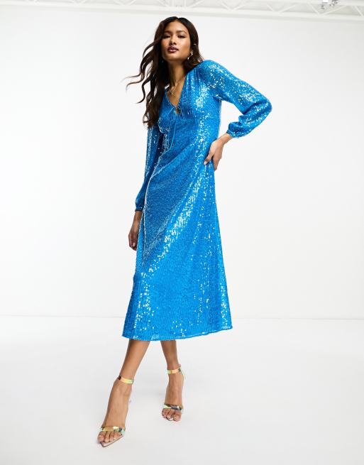 Whistles sequin keyhole midi dress in blue | ASOS