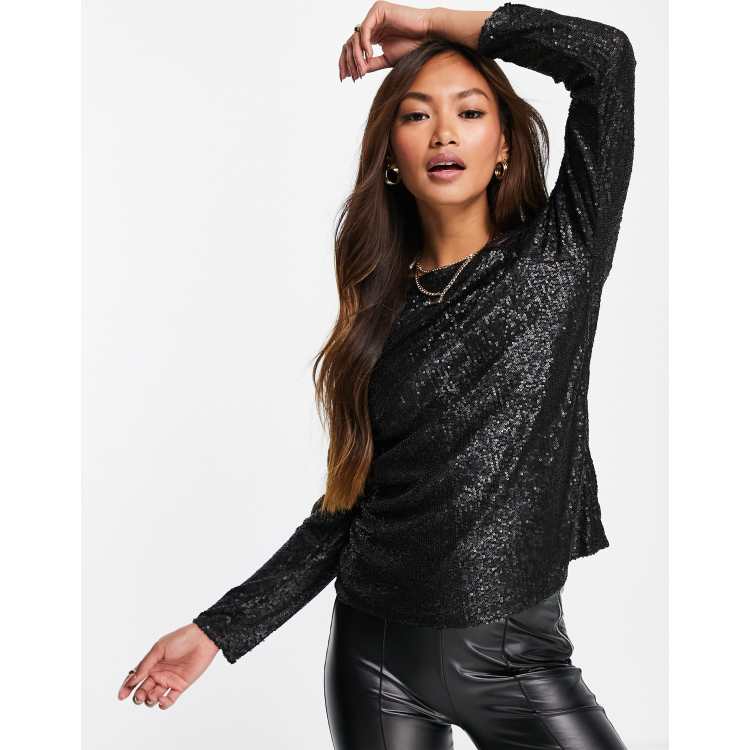 Black sequin clearance top long sleeves