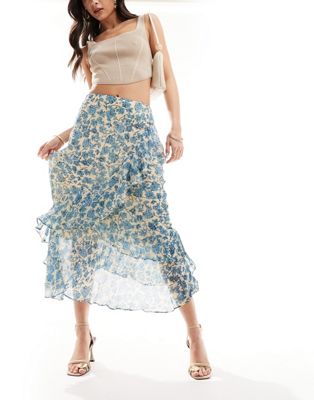 Whistles shaded ruffle detail midi skirt in blue floral
