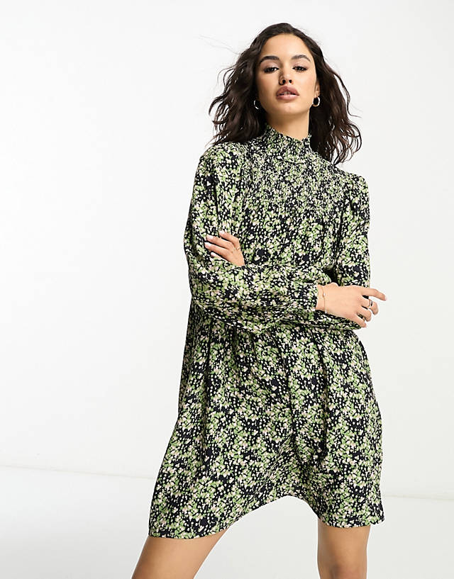 Whistles shirred smock dress in green and pink smudge