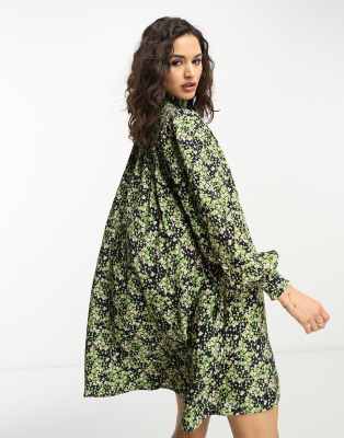 Whistles shirred smock dress in green and pink smudge