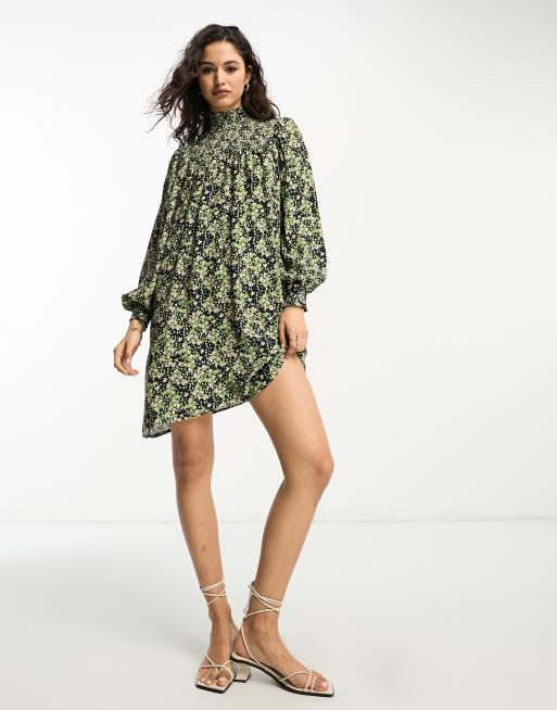 Whistles shirred smock dress in green and pink smudge