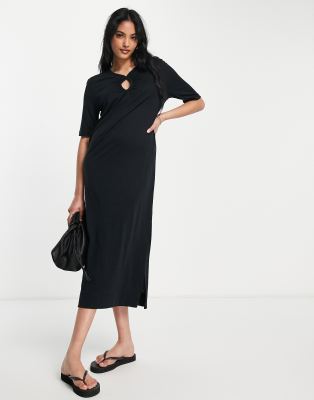 Whistles short sleeve midi T-shirt dress with keyhole detail-Black