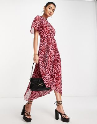 Whistles Sleeve Pleated Dress In Pink Leopard |