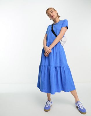 Whistles short sleeve tiered midi t-shirt dress in blue - ASOS Price Checker