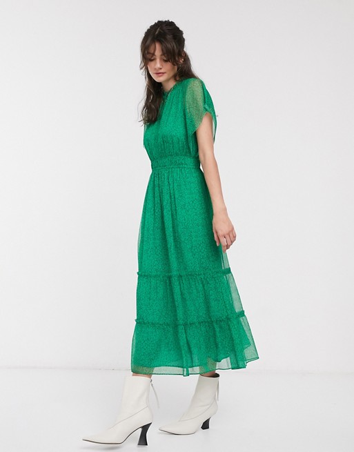 Whistles sketched floral frill sleeve midi dress in green