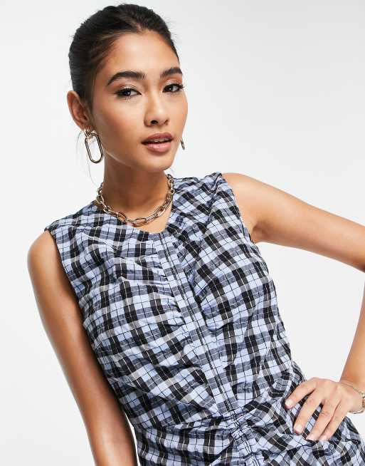 Whistles sleeveless midi dress with ruched front in blue check