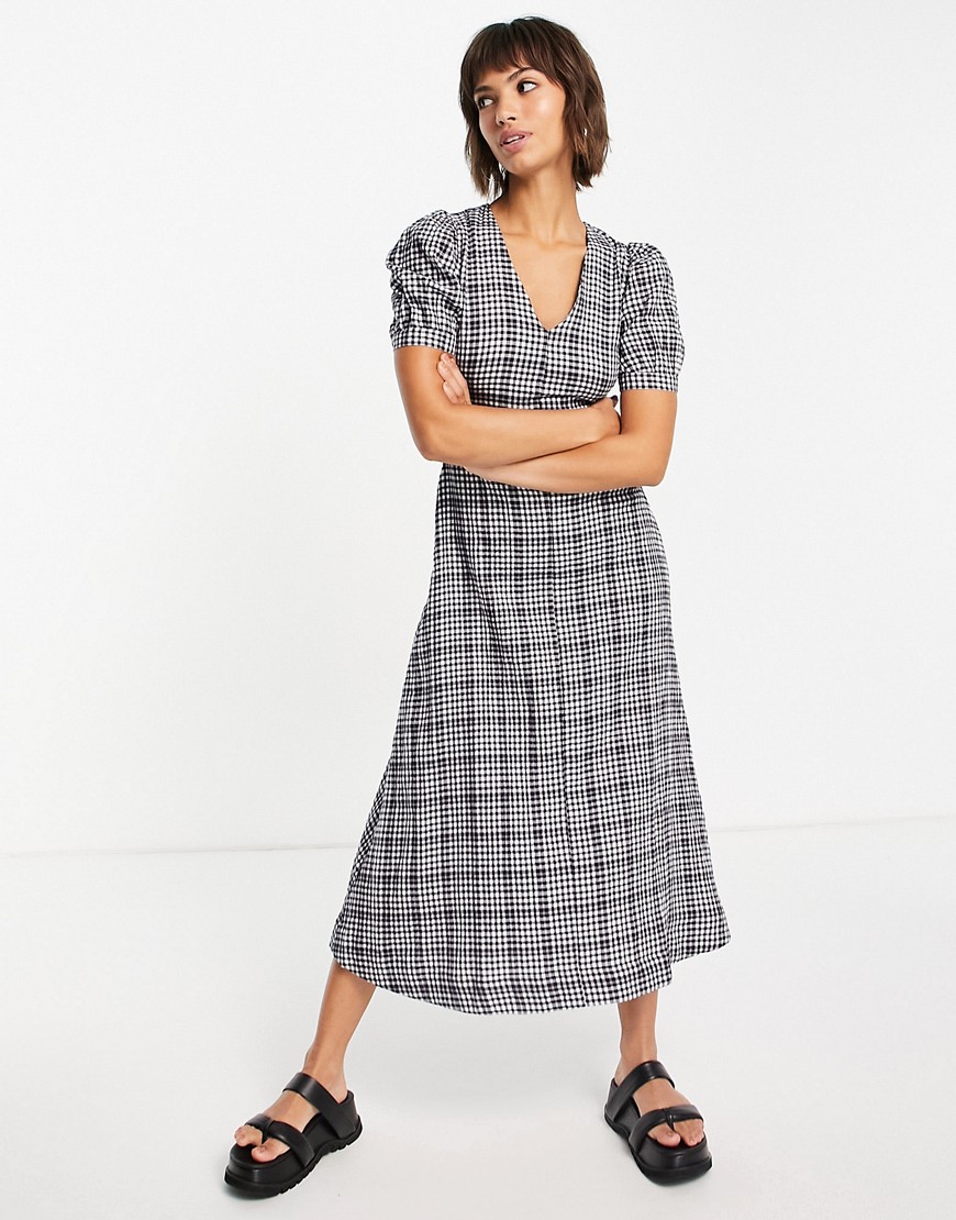 Whistles smock midi dress with puff sleeves in mono check-Multi