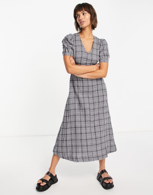 Whistles smock midi dress with puff sleeves in mono check