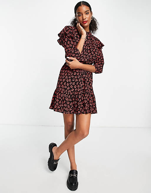 Whistles smock mini dress with flounce hem in red floral