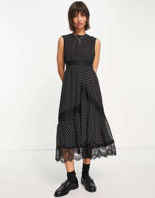 Whistles spot lace midi dress in black | ASOS