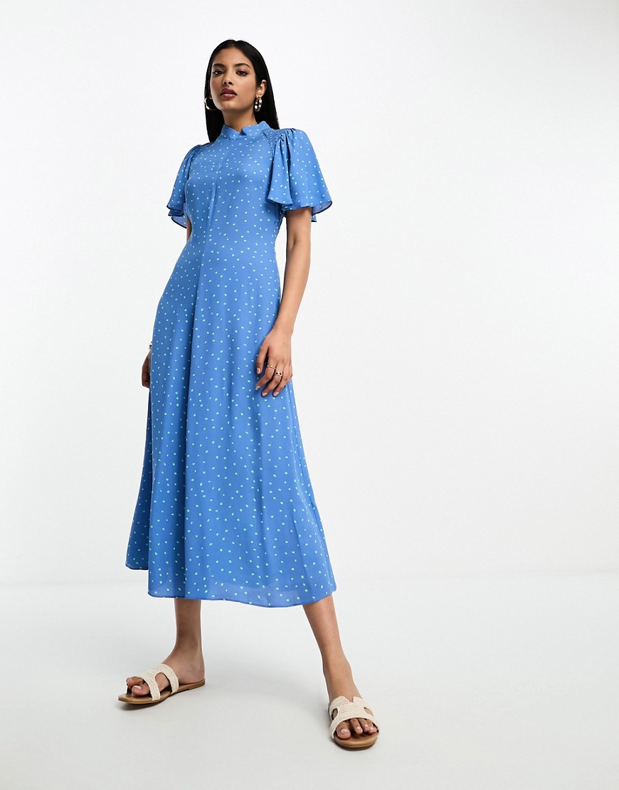 Whistles spot print fluted sleeve mido dress in blue-Black