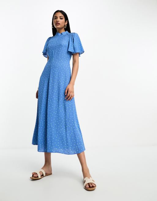 Whistles spot print fluted sleeve mido dress in blue | ASOS