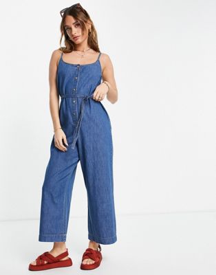 Whistles strappy button denim jumpsuit in blue