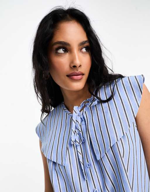 ブラウス シャツ Striped oversized collar sleeveless shirt レディース Whistles striped oversized collar blouse in light blue | ASOS