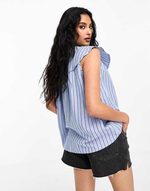 ブラウス シャツ Striped oversized collar sleeveless shirt レディース Whistles striped oversized collar blouse in light blue | ASOS