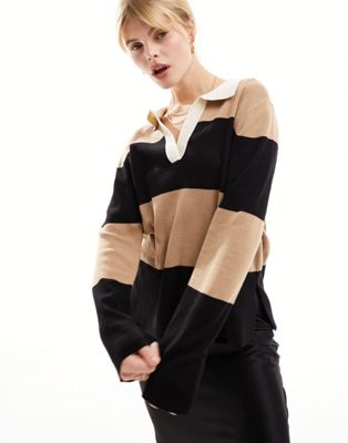 Whistles striped rugby knitted shirt in black and tan stripe